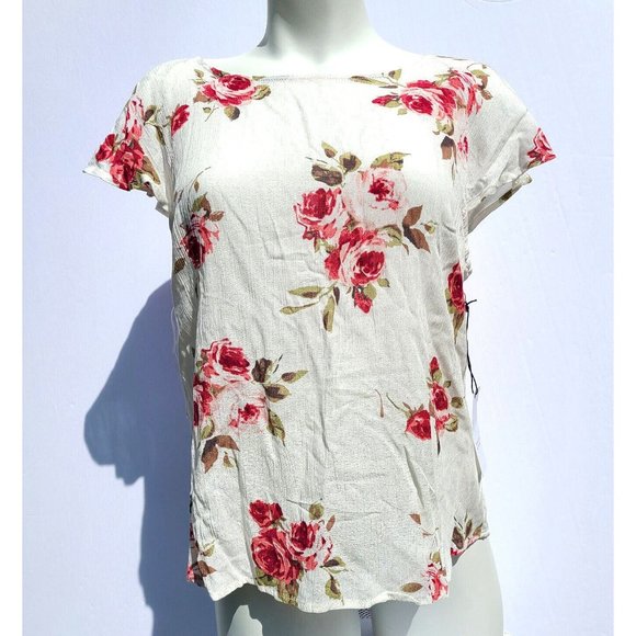 Active USA White Floral Blouse Size M Designed in Los Angeles Ruffle Flowy Artsy - Picture 4 of 9